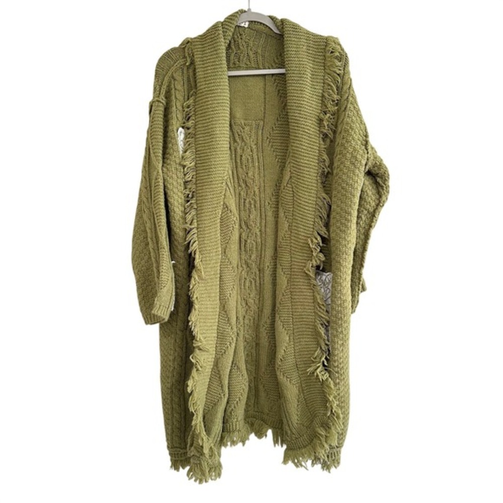 POL Olive Green Cardigan Cable Knit Longline Fringe‎ Boho Lace Patch Sweater